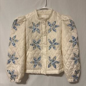 &merci Cream Quilted Floral Appliqué Jacket Puff Sleeve Cropped L
